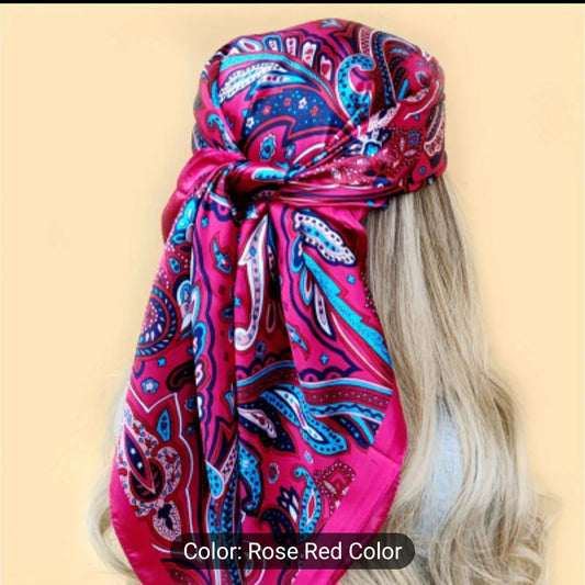 Women Colorful Printed Head Scarf - Rose Red