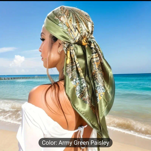 Women Colorful Paisley Print Head Scarf/Bandana - Army Green